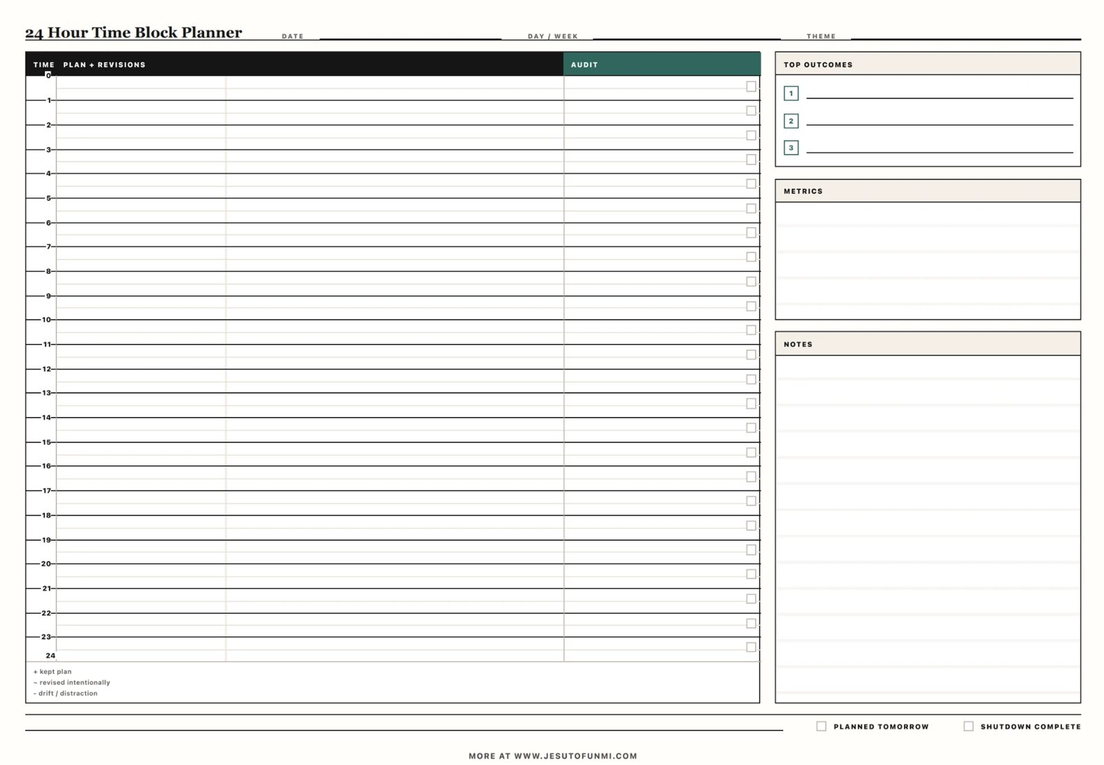 24 Hour Time Block Planner sheet with a plan and audit column beside top outcomes, metrics and notes boxes