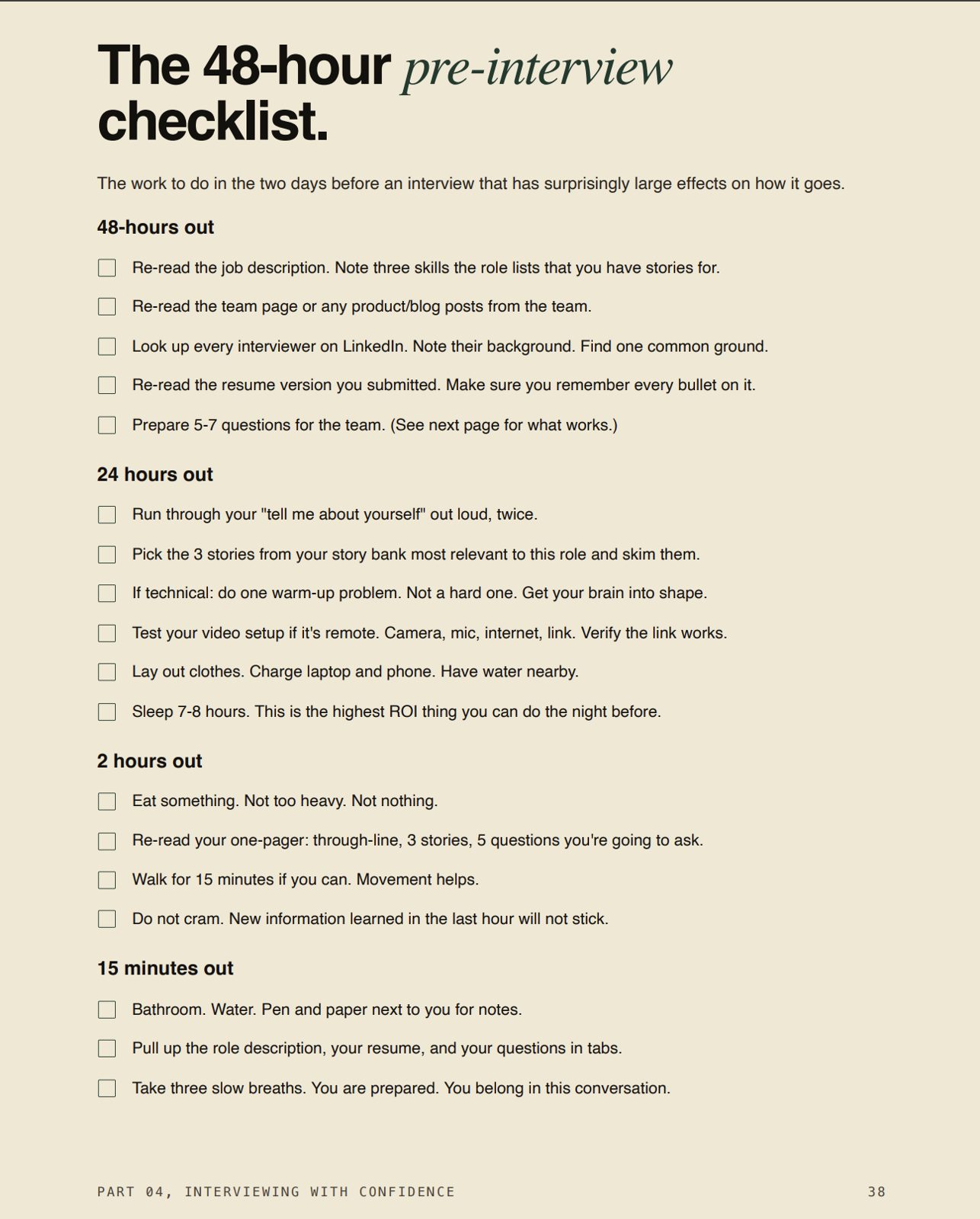 The 48-hour pre-interview checklist page with tasks grouped by 48 hours, 24 hours, 2 hours and 15 minutes out