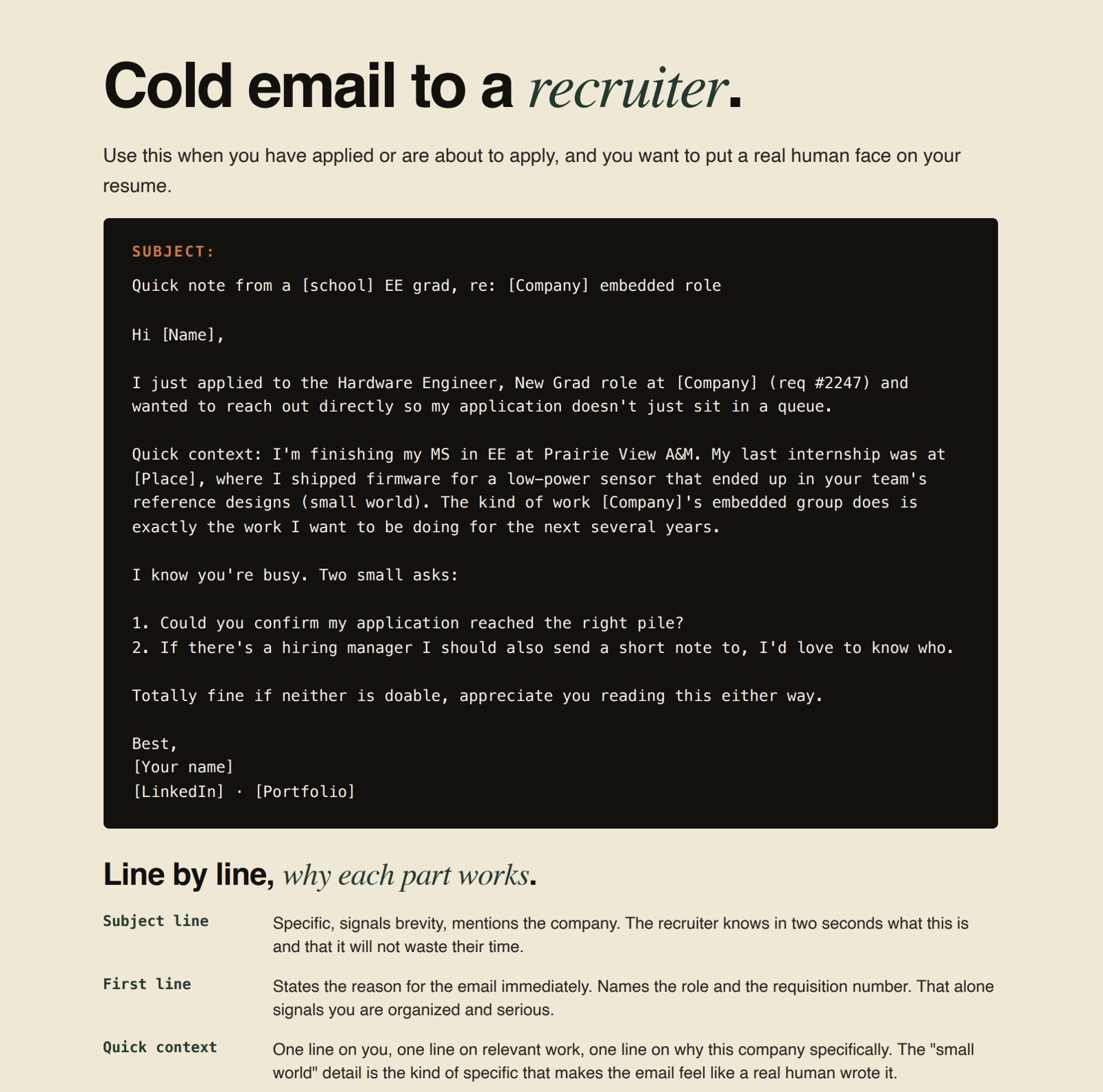 Cold email to a recruiter template with a line-by-line breakdown of why each part works