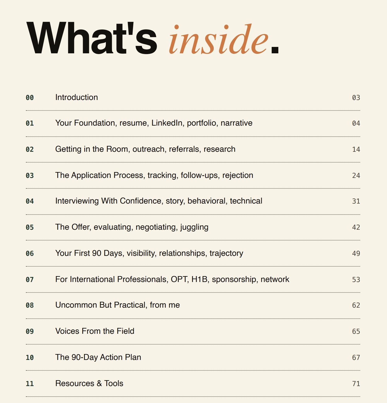 Table of contents listing the eleven parts of the early career guide, from foundation to the 90-day action plan