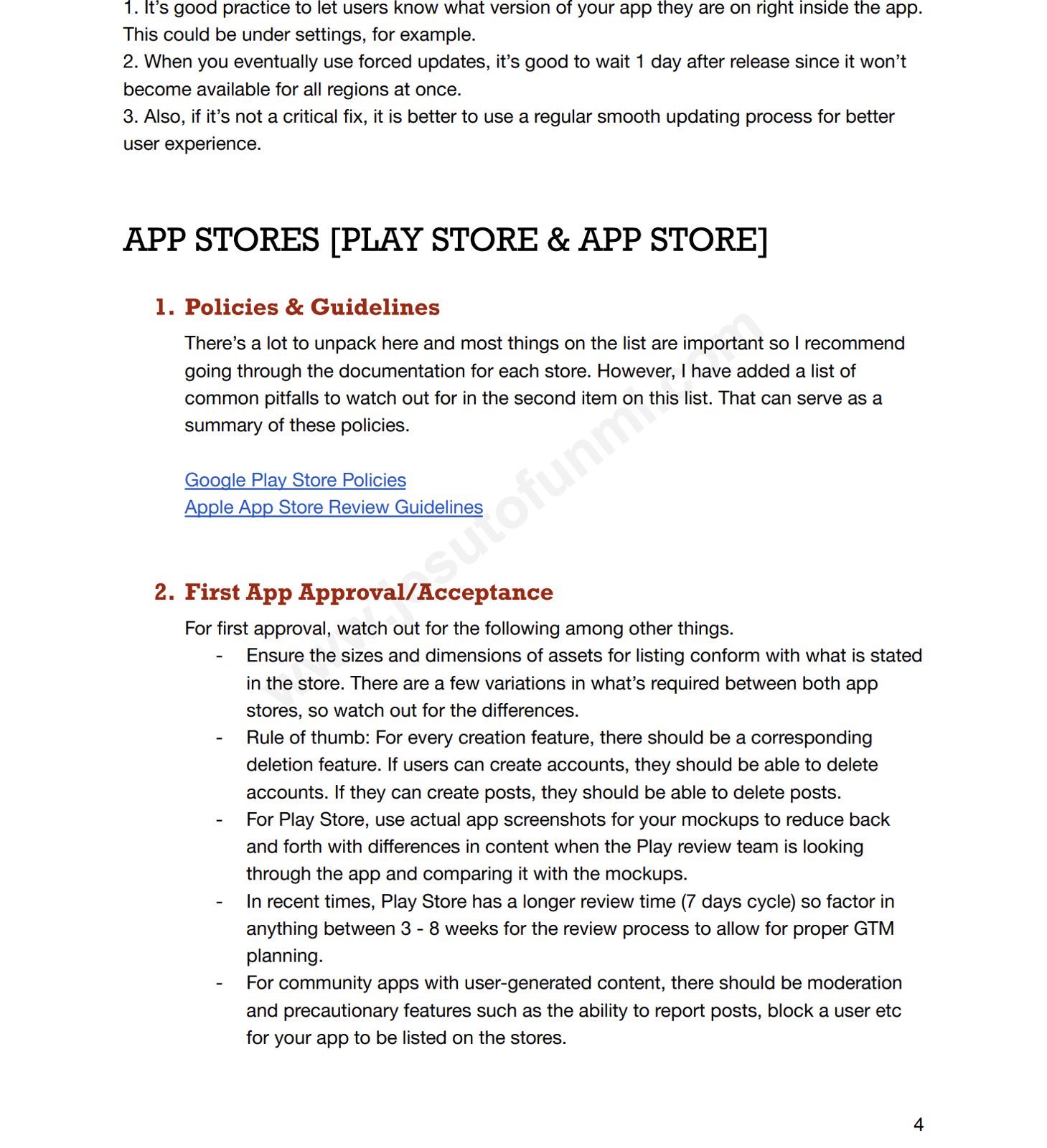 Inside page covering Play Store and App Store policies, guidelines and first app approval pitfalls