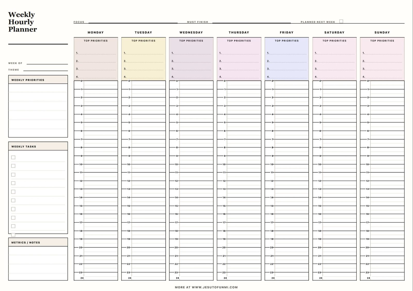 Weekly Hourly Planner sheet with seven day columns of hourly rows, top priorities blocks and weekly tasks list